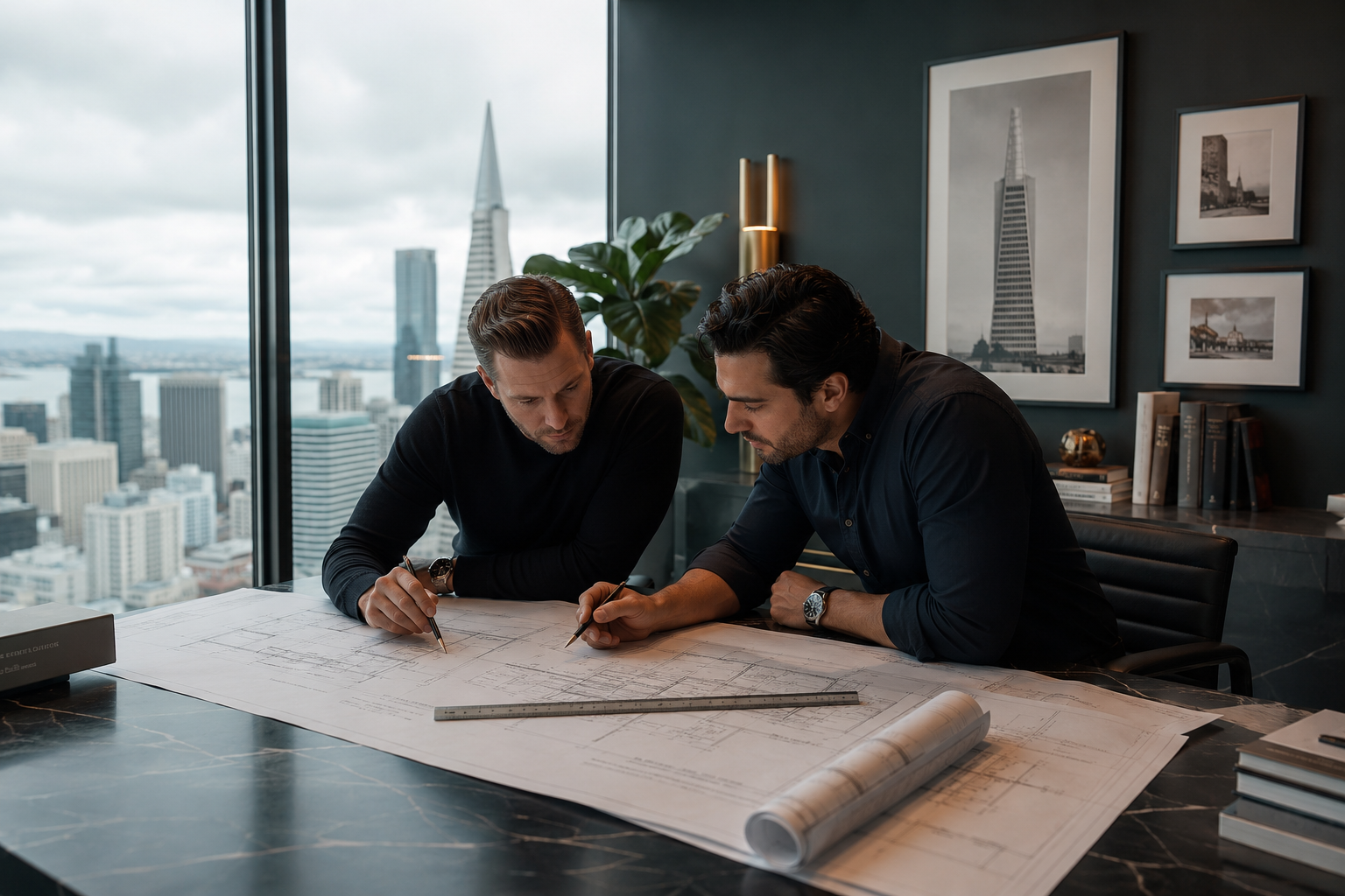 Two engineers reviewing structural drawings together at a desk.